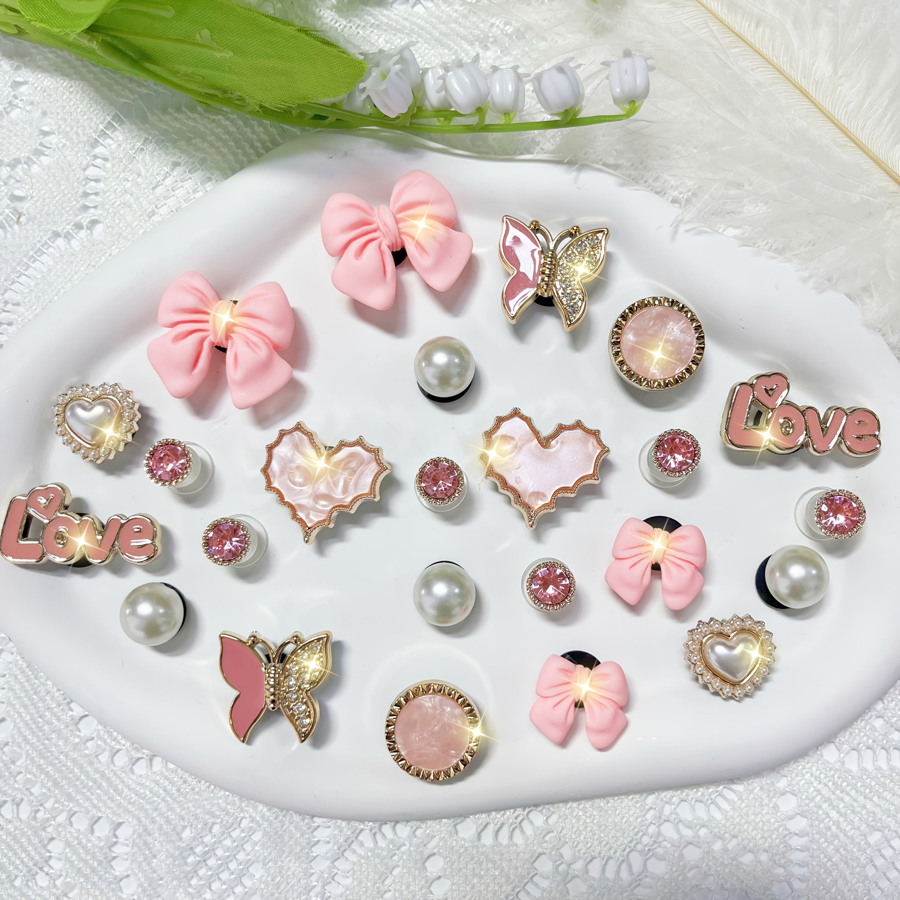 Pink Heart and Bow Shoe Charms Set with Rhinestones for Women’s Sandals