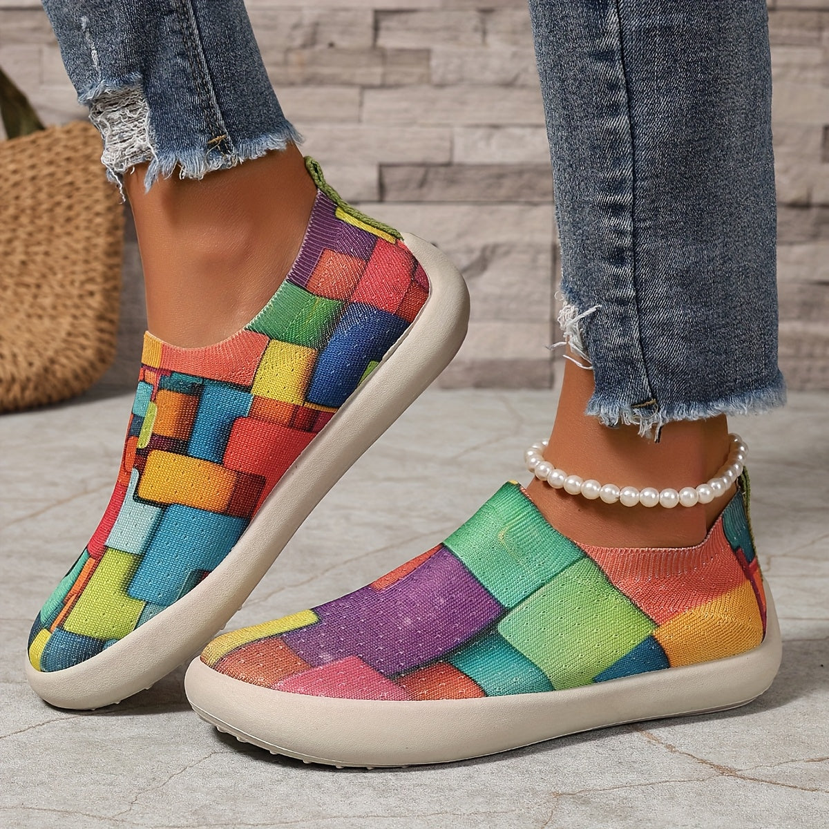 Zapatillas slip-on coloridas con diseño geométrico para mujer, transpirables y casuales