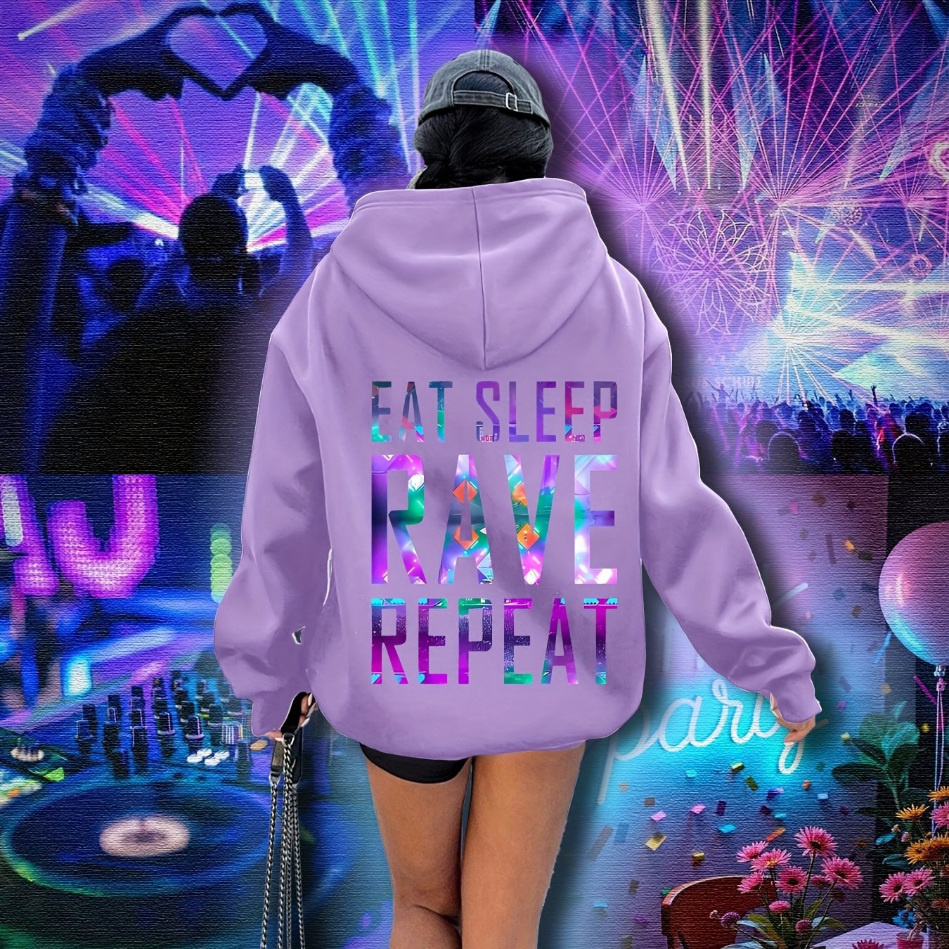 Sudadera con capucha gráfica de talla grande para mujer, festival de música rave, luces, casual, de sobreponer