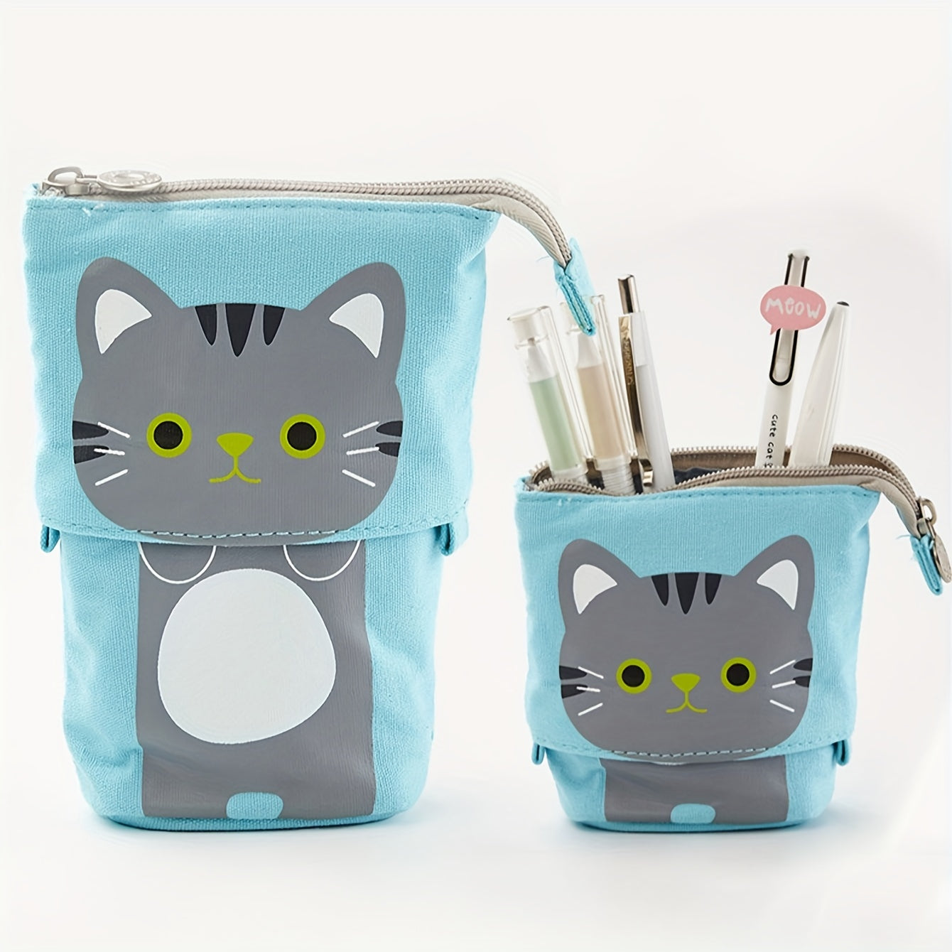 Canvas Cat Pencil Case with Zipper, Expandable, 2-in-1 Telescopic Pouch for Students