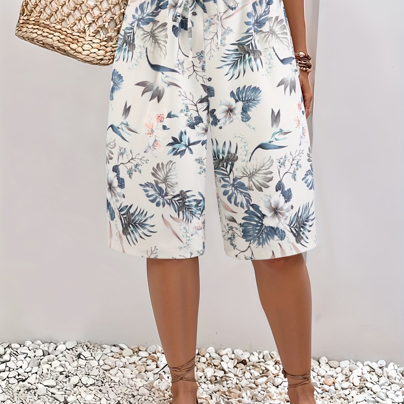 Women's Plus Size Tropical Print Loose Fit Beach Shorts Lightweight Polyester White Blue Green Leaf