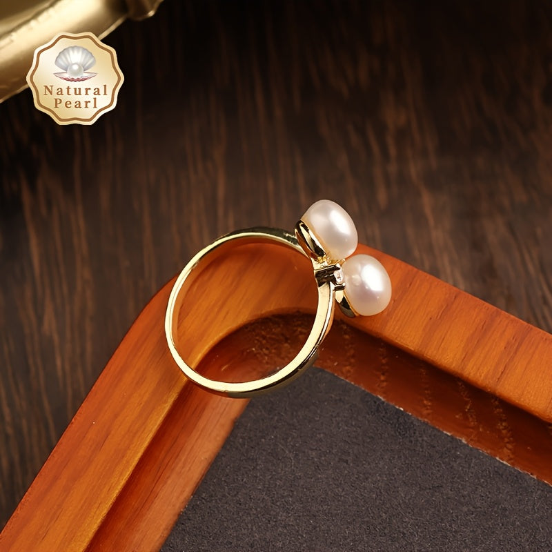 Women's Pearl Ring with Two 6-7mm Freshwater Pearls Open Design Jewelry