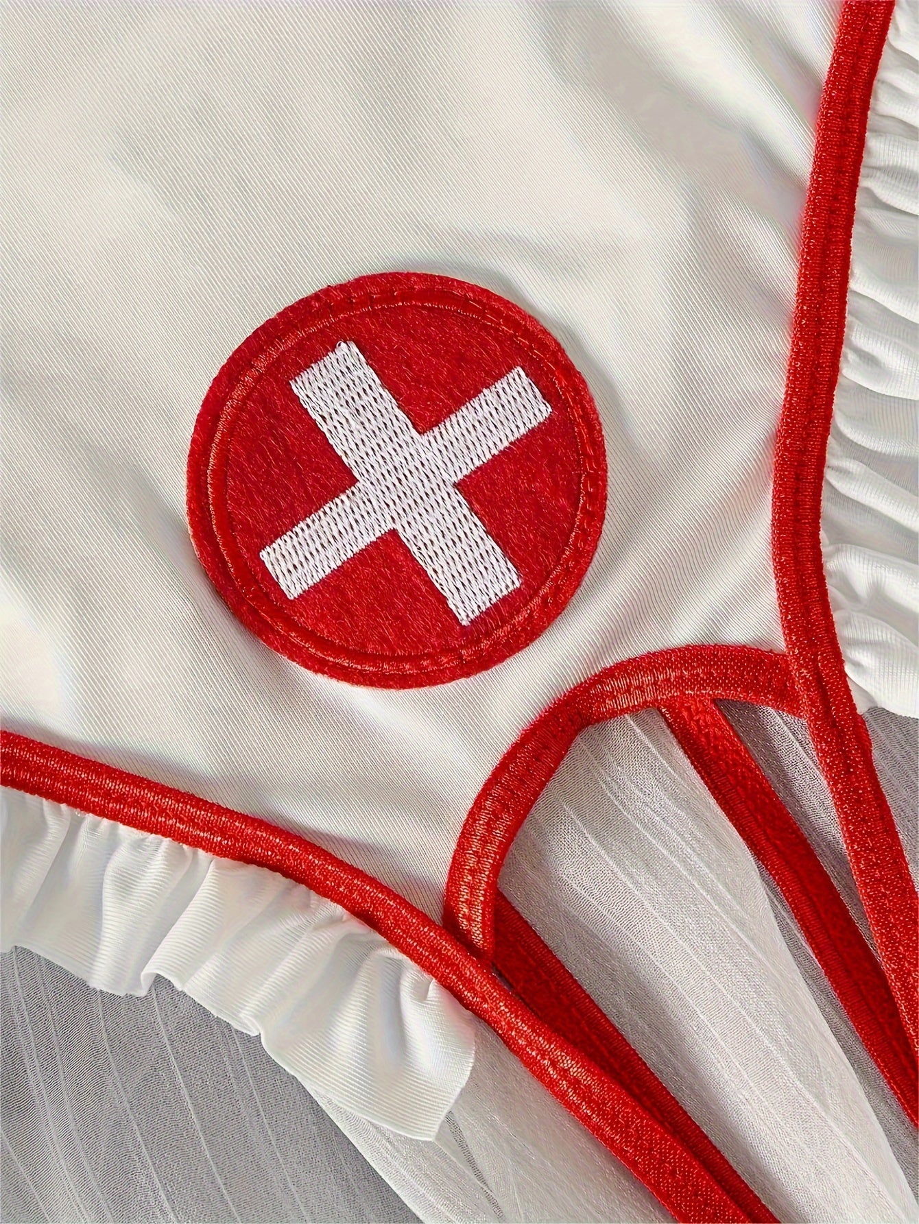 Plus Size Nurse Costume Open Bust Ruffle Trim Sheer Crotchless Lingerie