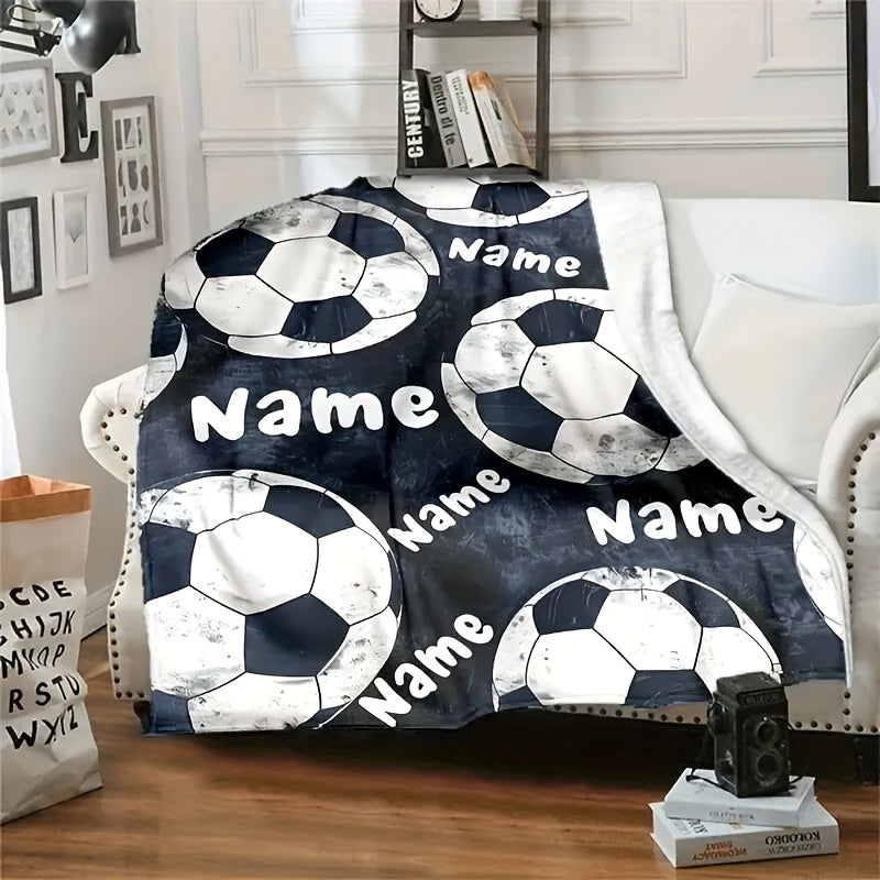 Personalized Soccer Ball Patterned Throw Blanket Knitted Polyester All-Season Sofa Bed Cover