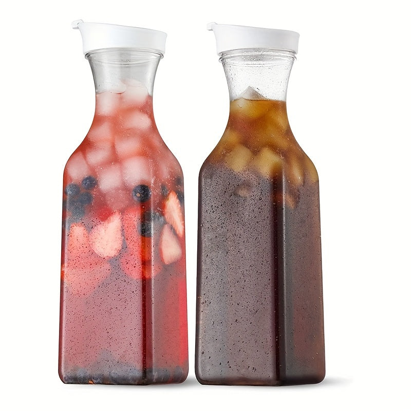 Two 50oz Square Water Bottles Clear Plastic Flip-Top Lids for Iced Tea Juice Beverages