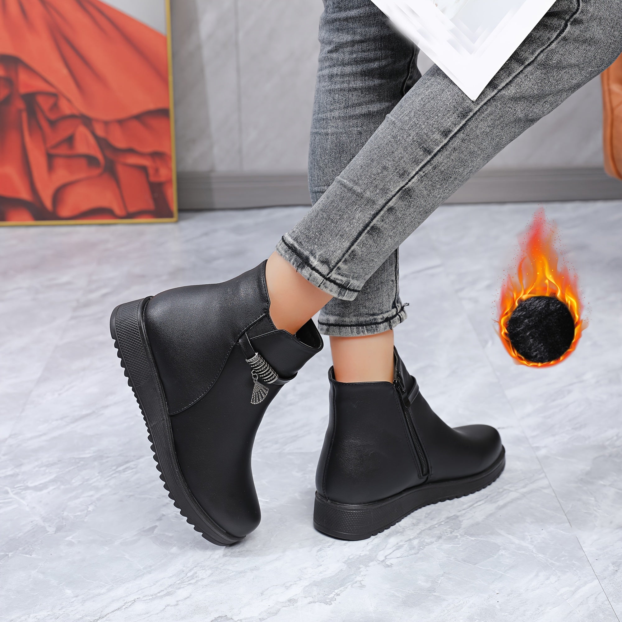 Women's Warm Furry Lined Winter Boots with Zipper and Thick PU Sole