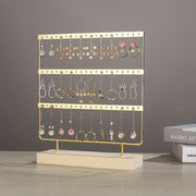 Metal Jewelry Storage Rack with Wooden Base for Earrings Organization