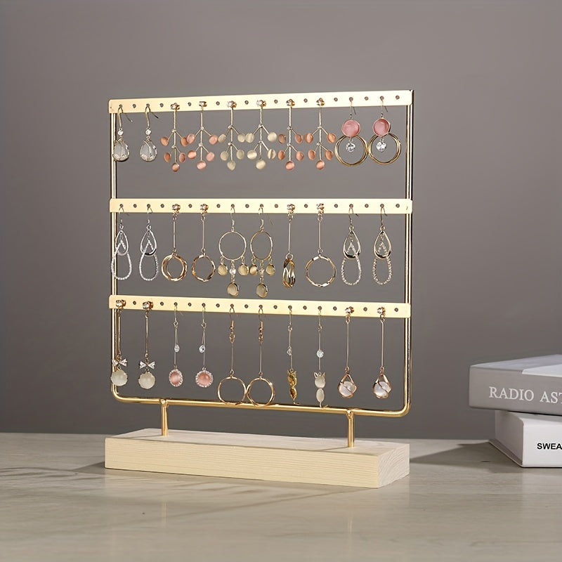 Metal Jewelry Storage Rack with Wooden Base for Earrings Organization