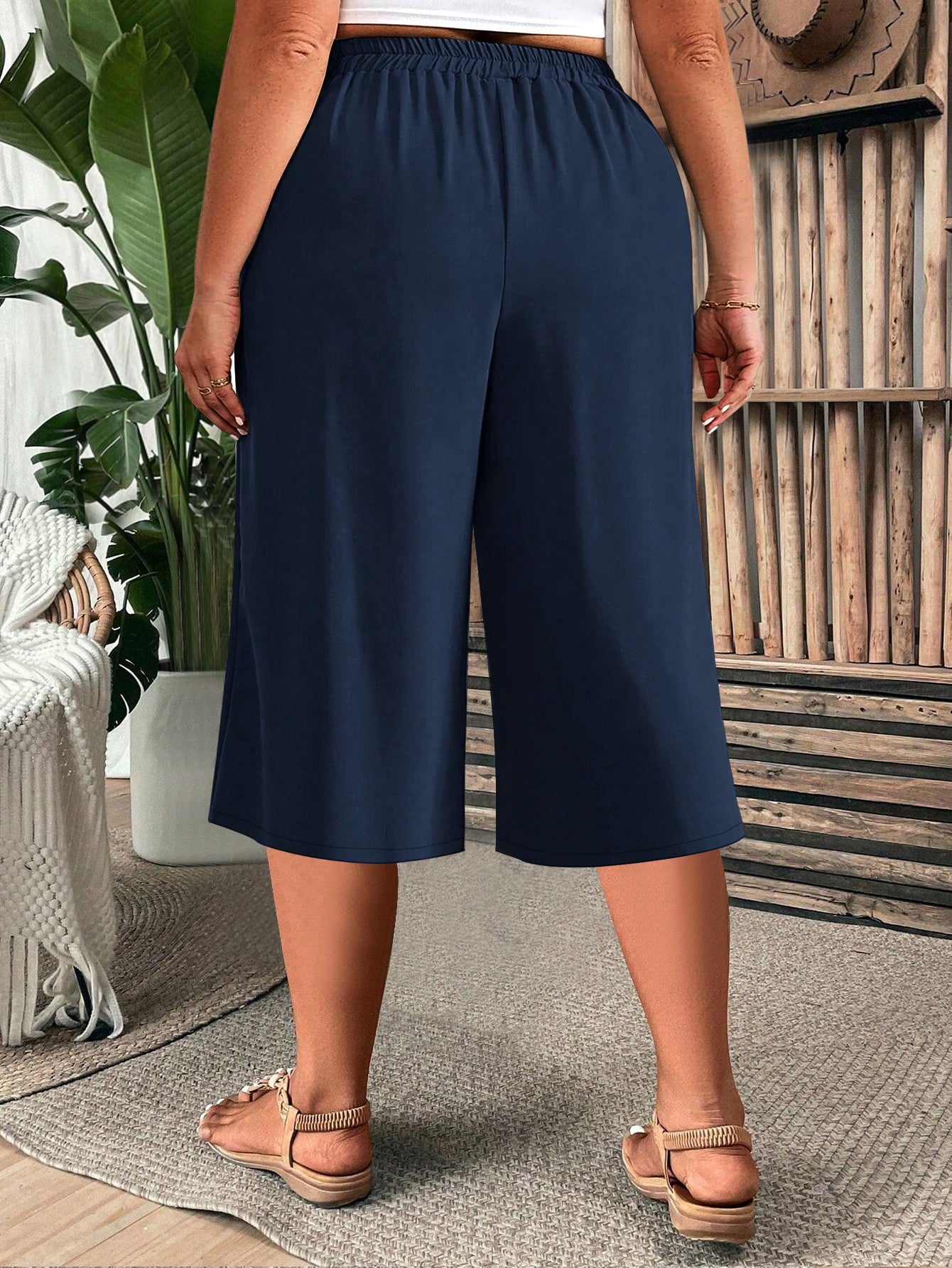 Women's Plus Size Capri Pants Elastic Waist Olive Green Summer Casual