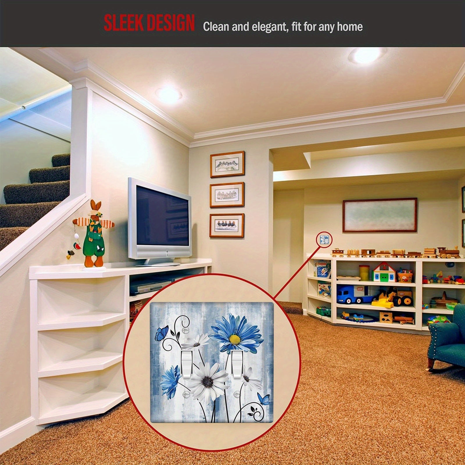 Placa de pared floral Blue Daisy para decoración de dormitorio estilo granja. Compatible con 1 o 2 tomas de corriente