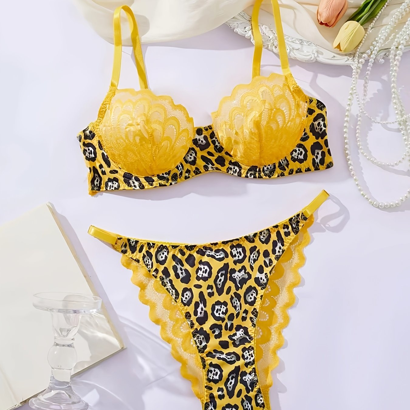 Leopard Print Lingerie Set with Floral Lace and Purple Underwear