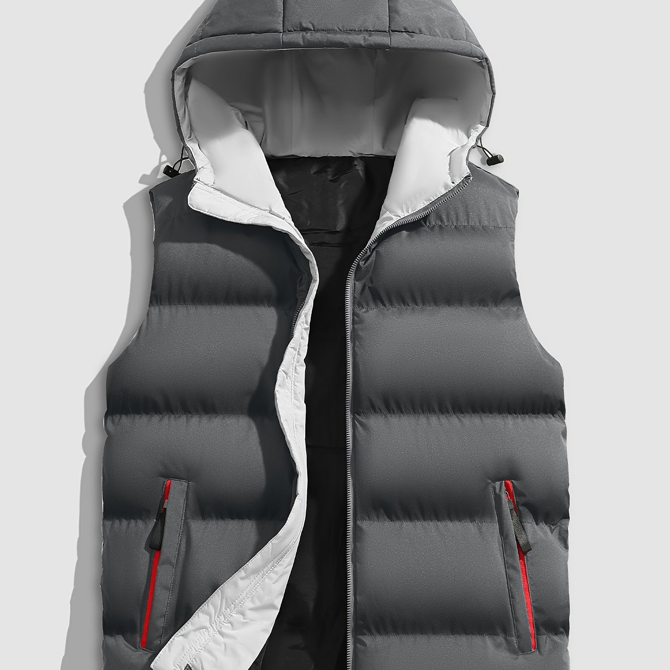 Erkaklar uchun zaytun yashil kapüşonli jilet, fermuarlı cho'ntaklar bilan, yengsiz, mashinada yuvish mumkin bo'lgan polyester, kuz/qish uchun ideal.