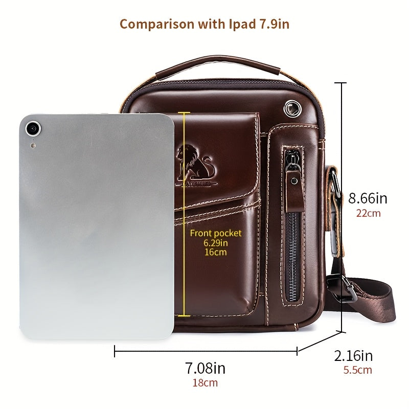Men's Genuine Leather Crossbody Bag with Multi-Compartment Zipper Dark Brown