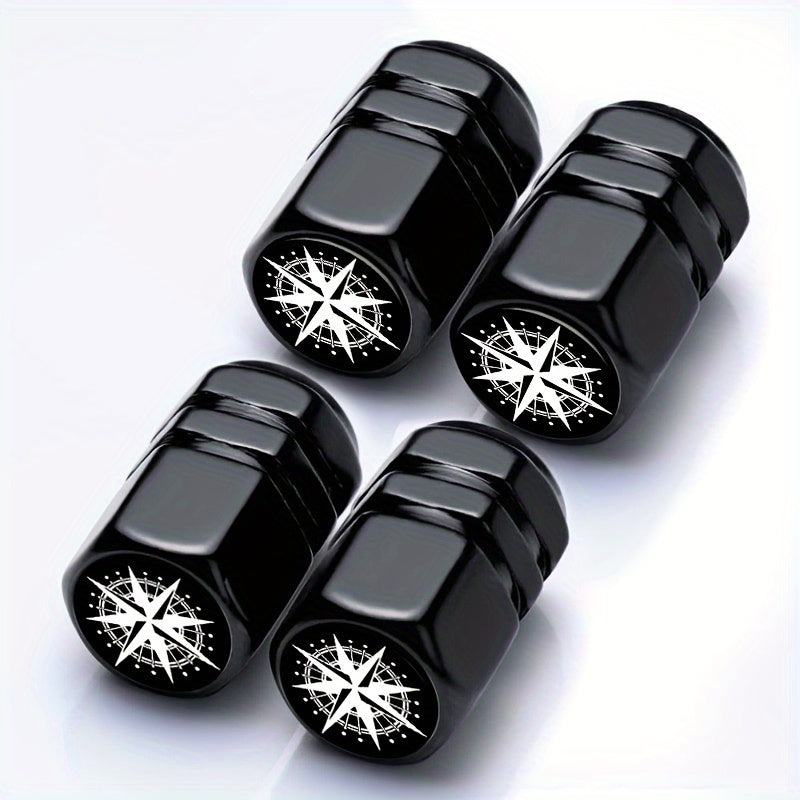 4PCS Black Aluminum Alloy Tire Valve Caps Stylish Compass Design for Cars SUV Motorcycle