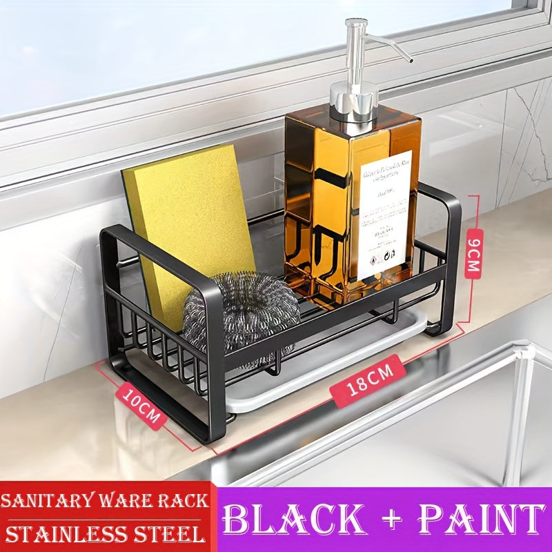 Oshxonada tartibga keling, ushbu zanglamas po'latdan yasalgan drenaj rack bilan. Asosiy narsalar bilan to'ldirilgan: gubka, po'lat to'p, qo'l sabuni, lavaboni yopish, idish sabuni, idish yuvish cho'tkasi va javon.