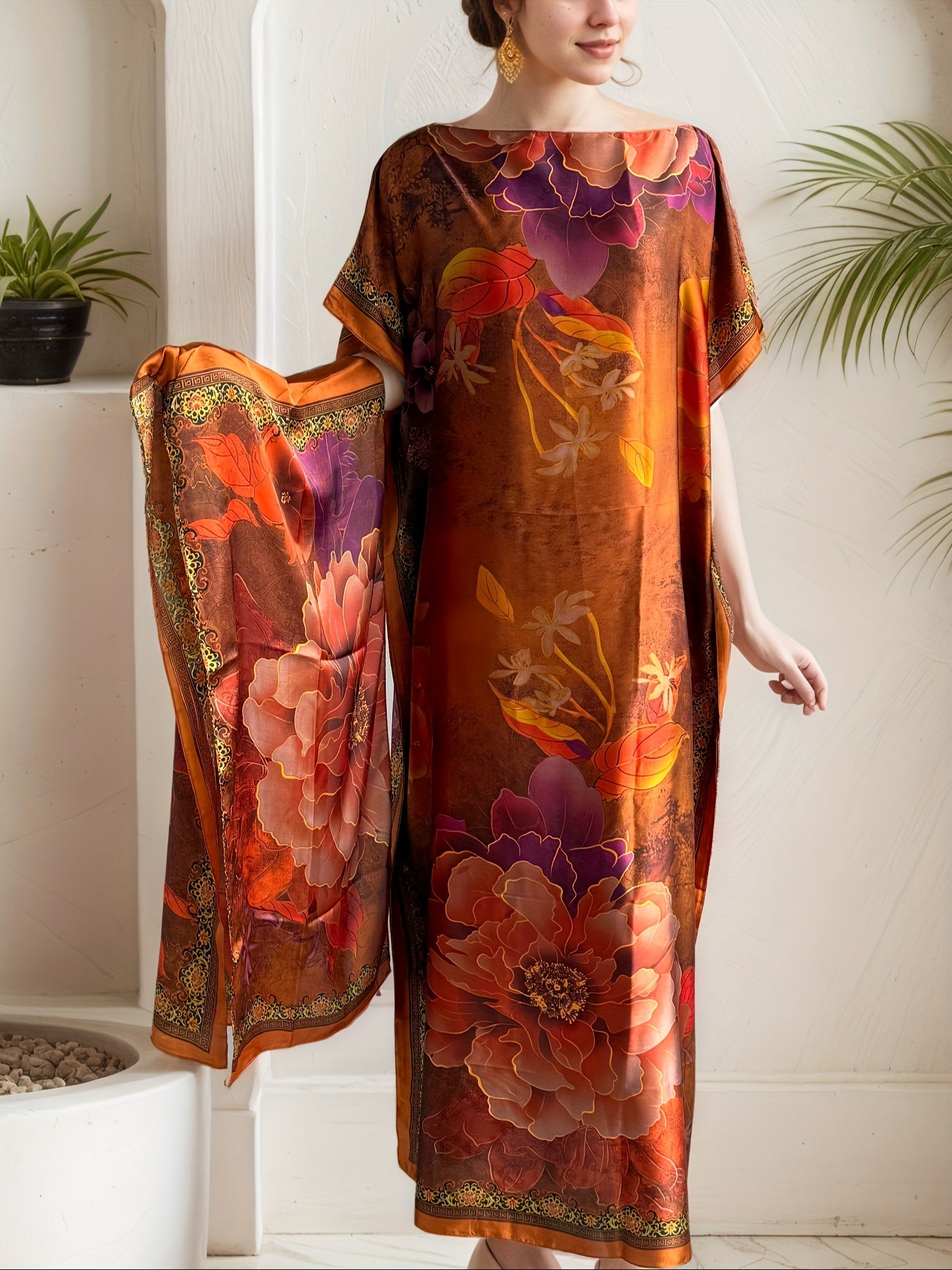 Vestido de kaftán turco para mujer de talla grande con bufanda, vibrante naranja-rojo, vestido largo