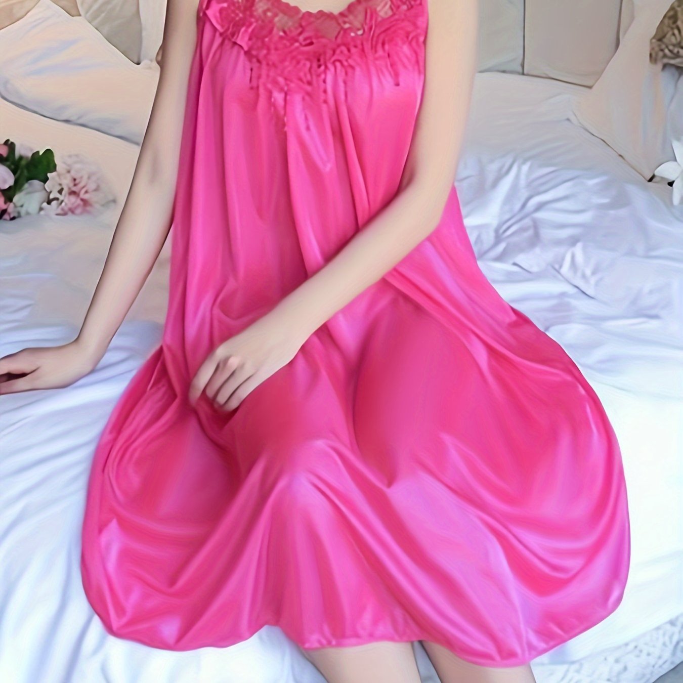 Women's Sleeveless Lace Nightdress Summer Elegant Solid Color Satin Feel Sleepwear