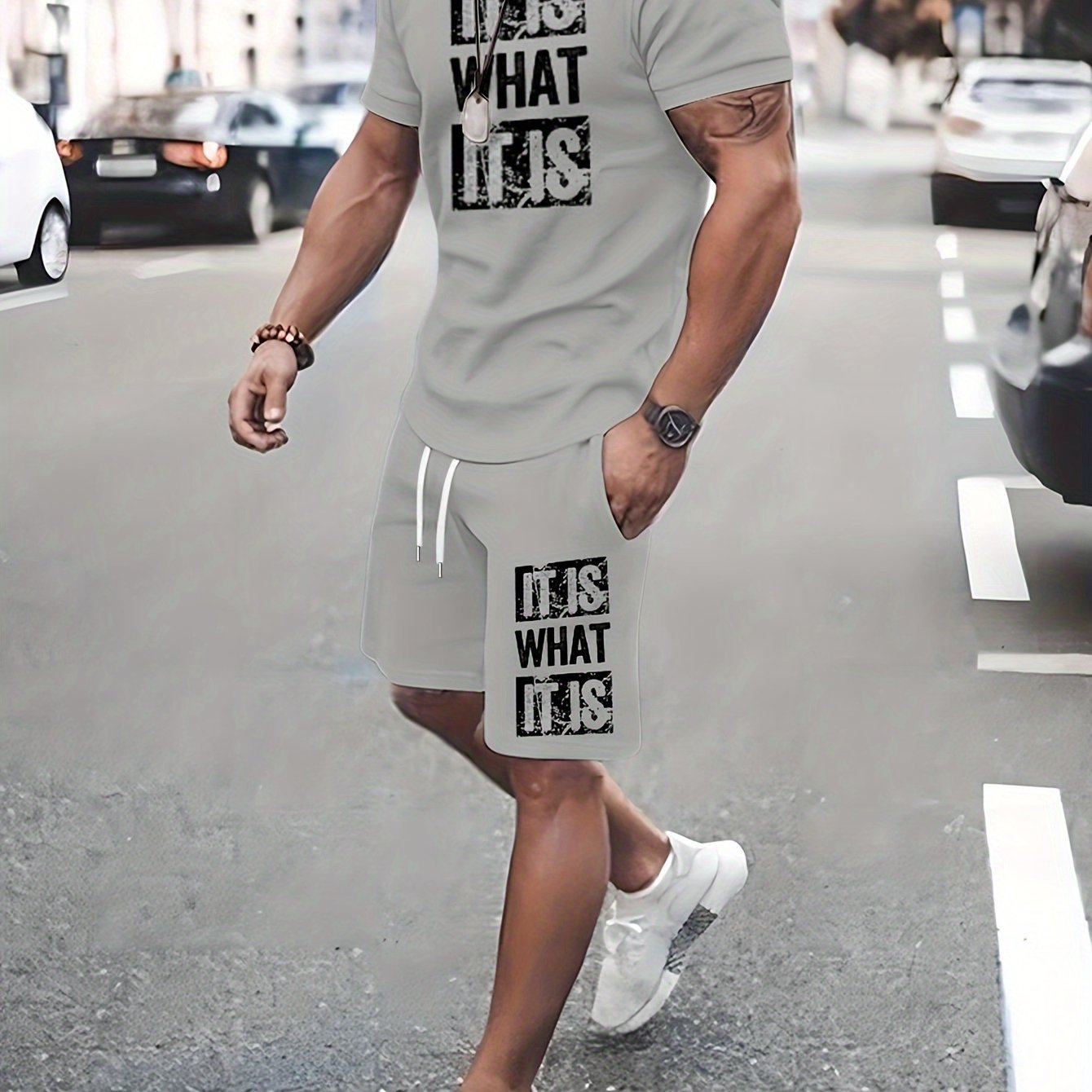 Men's Summer Suit Gray Letter Print Knit Fabric Casual Travel Fitness Social