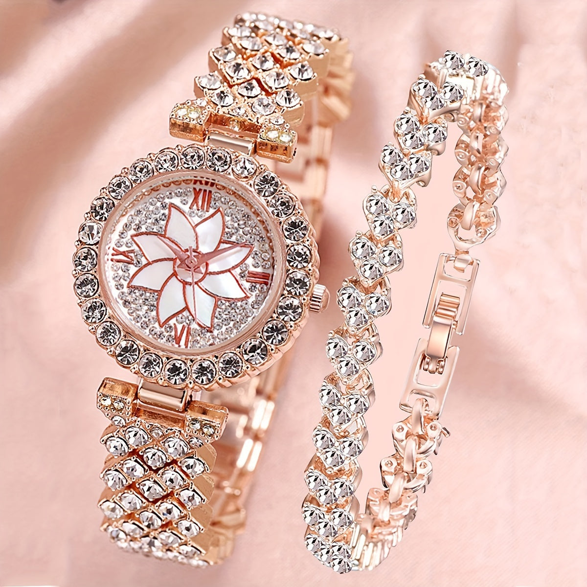 Women's Wrist Watches Set with Rhinestones and Stainless Steel Bands