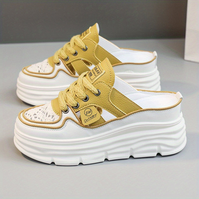 Women's Breathable Platform Mule Sneakers with Cutout Design and Lace-Up Closure