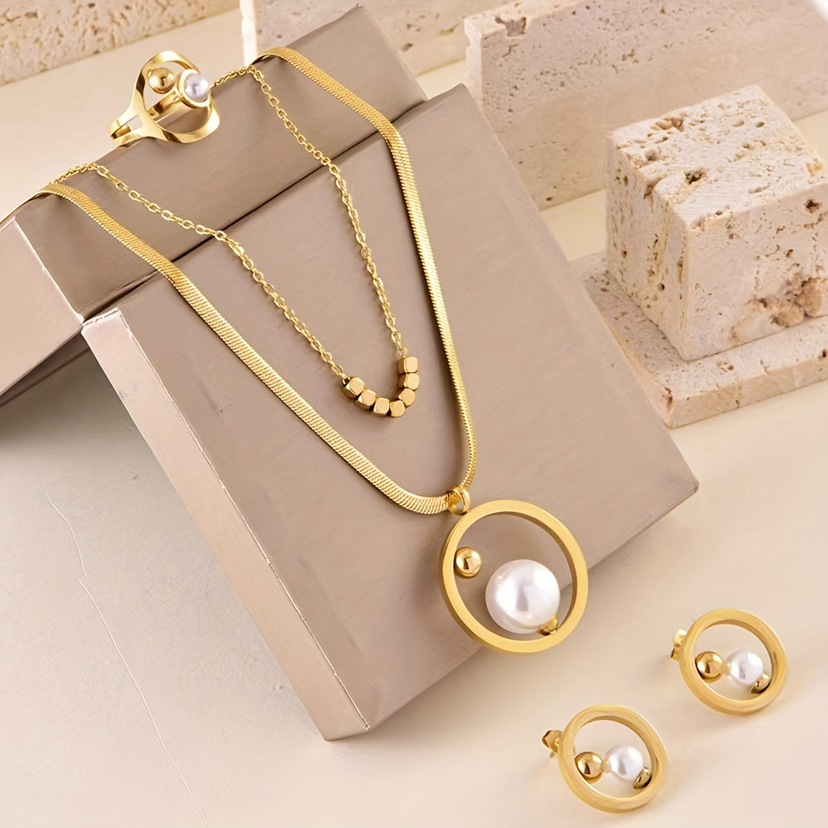 Vintage Jewelry Set for Women Titanium Steel Necklace Earrings Ring with Freshwater Pearls