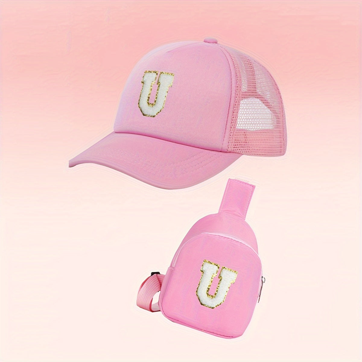 Girls Alphabet-Themed 2-Piece Baseball Cap and Bag Set Polyester Breathable Fitted for Ages 3-14