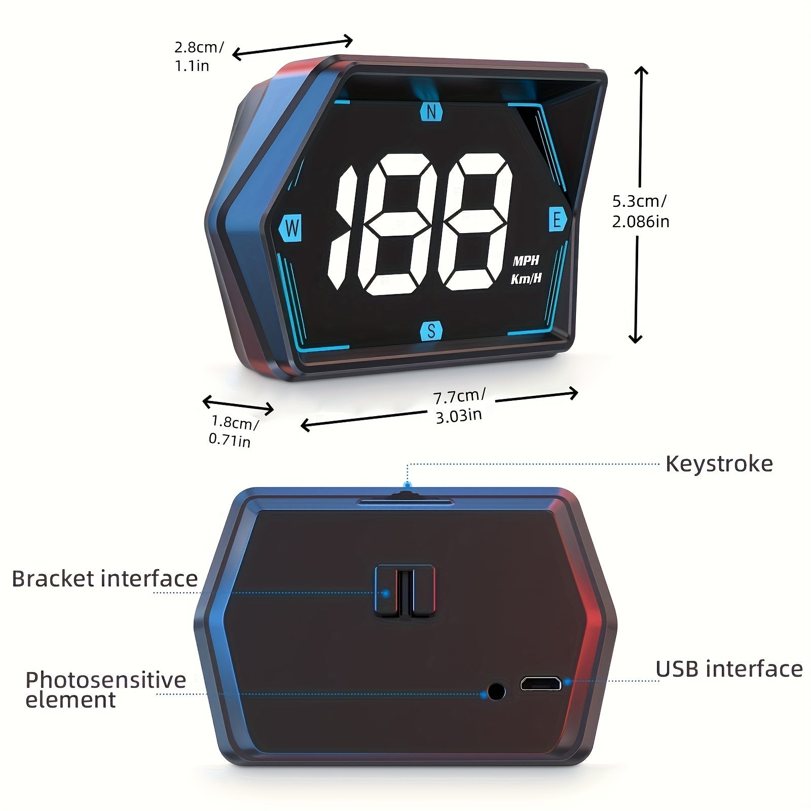 Car HUD Head-Up Display Speedometer Odometer with Colorful Light, Auto Brightness