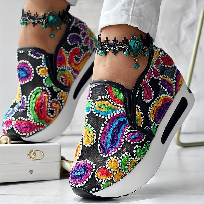 Women’s Colorful Embroidered Floral Slip-On Sneakers Breathable Fabric