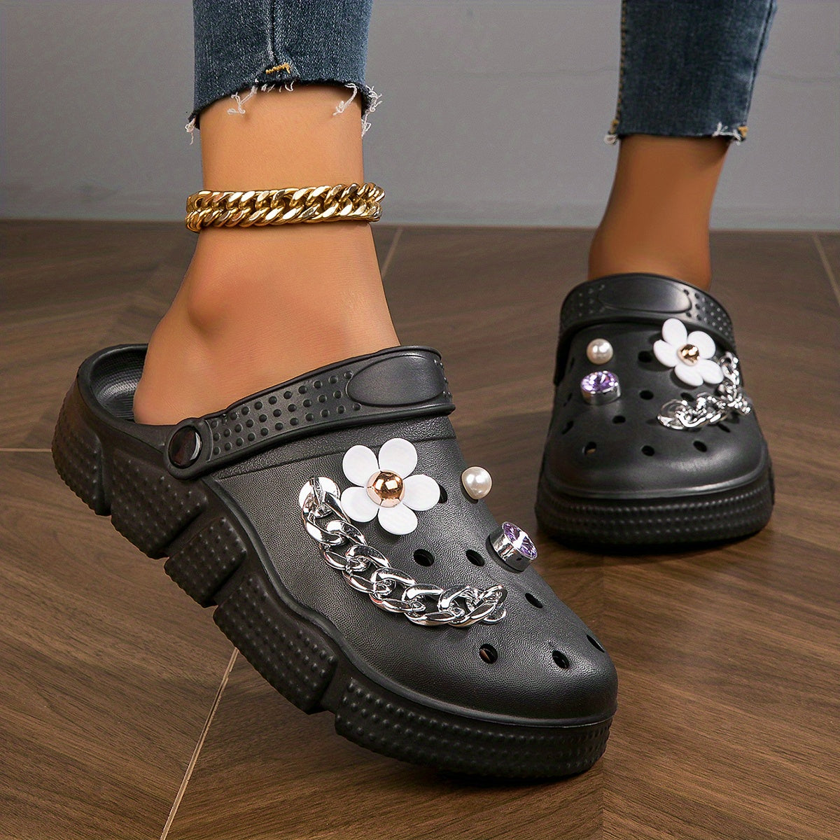 Women's Floral Rhinestone Decor Clogs Slip-On Casual Garden Slides
