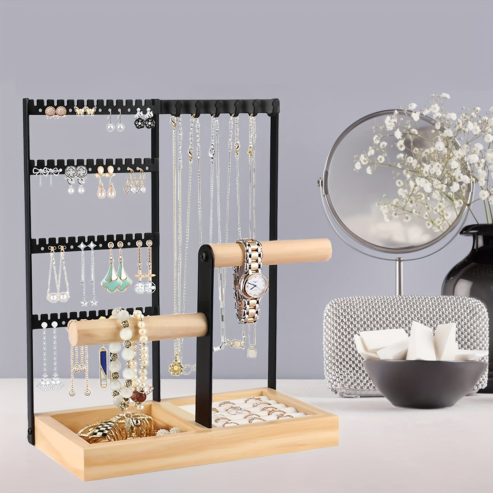 Jewelry Organizer with 4-Tier Earring Holder Necklace Ring Bracelet Storage Tower