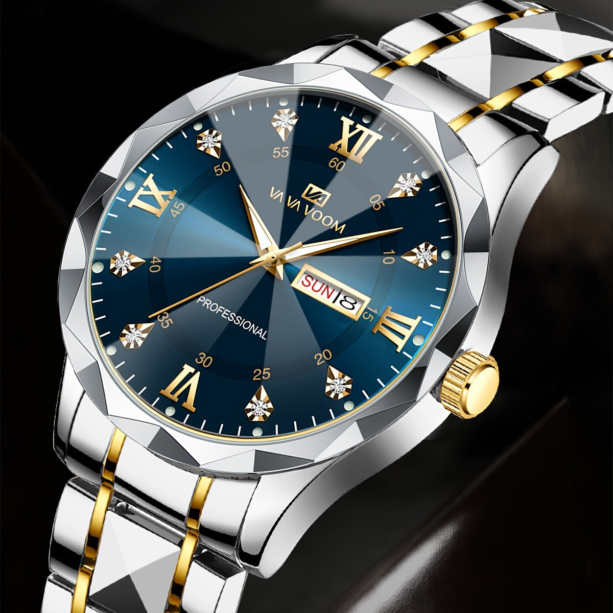 Men's Stainless Steel Watch with Night Glow Rhinestone Rivets Business Style