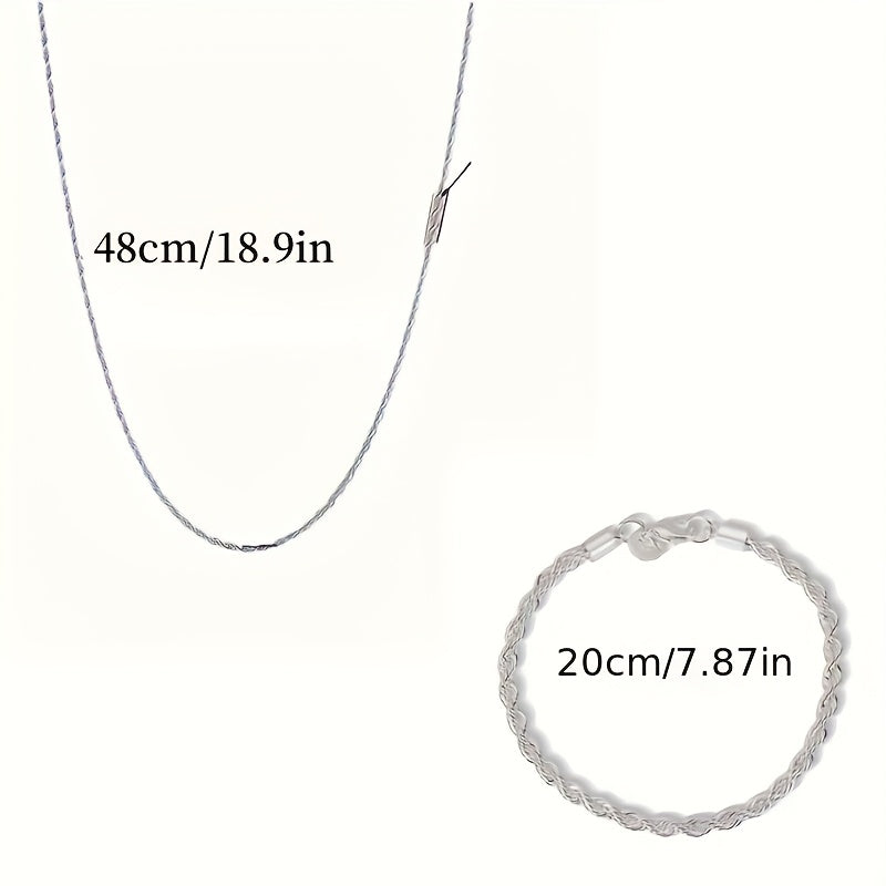 Sterling Silver Twisted Rope Chain Necklace and Bracelet Set for Women Elegant Classic Jewelry