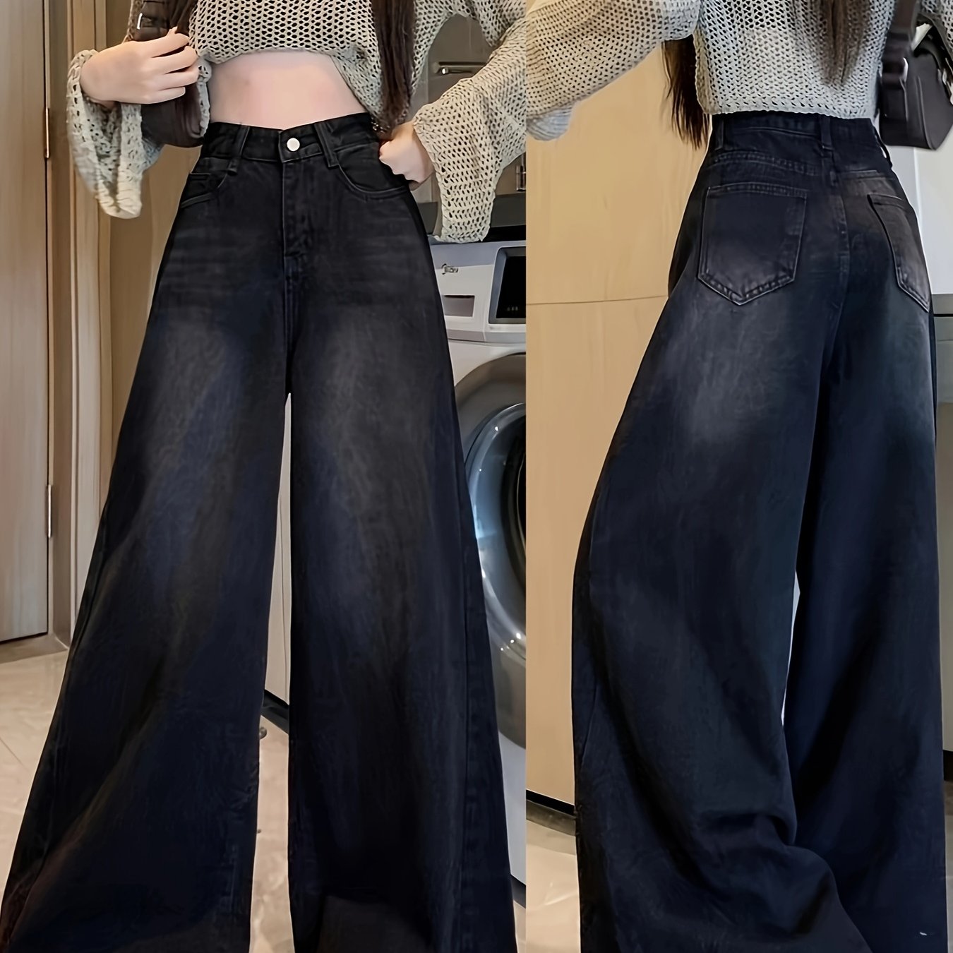 Plus Size High-Waist Wide-Leg Denim Jeans for Women Black Gray Frayed Hem