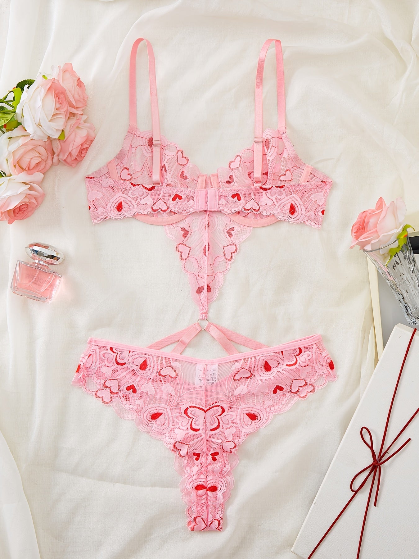 Pink Heart Embroidered Adult Lingerie Set Polyamide Elastane
