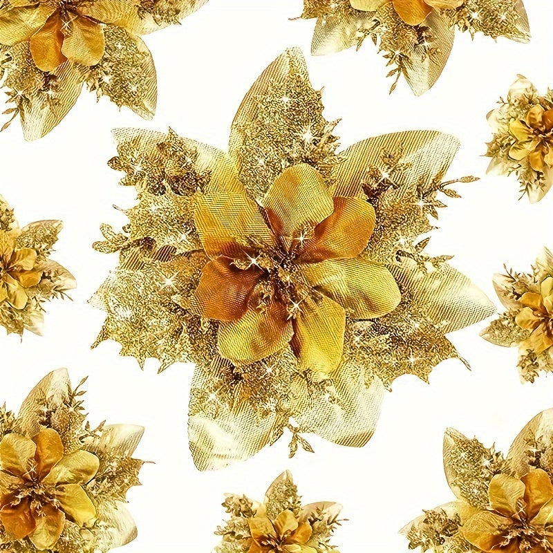 10 Golden and Silvery Artificial Christmas Decorations with Red Flowers Ornaments and Wreaths