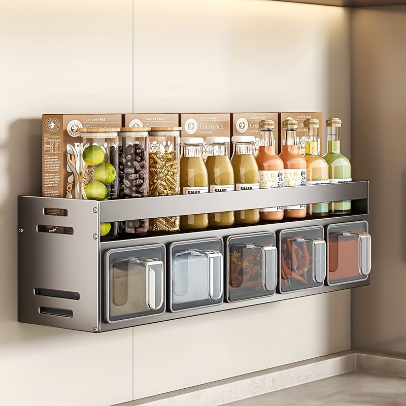 Wall Mount Spice Rack Organizer with 5 Clear Jars, Aluminum Hanging Shelf