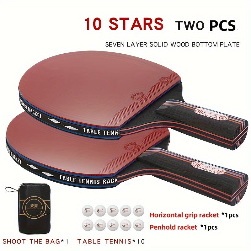 Single Pack of 10 Professional-Grade Red Carbon Rubber Table Tennis Rackets with 3 Balls