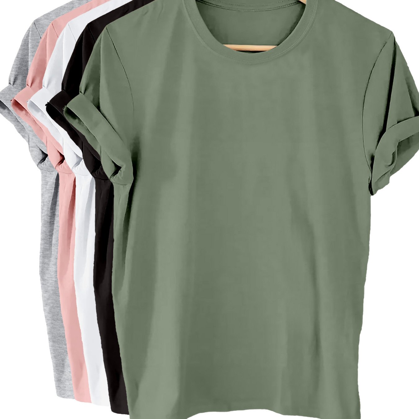Pack de 5 camisetas de algodón sólido de manga corta y cuello redondo para mujer, ideales para verano y primavera