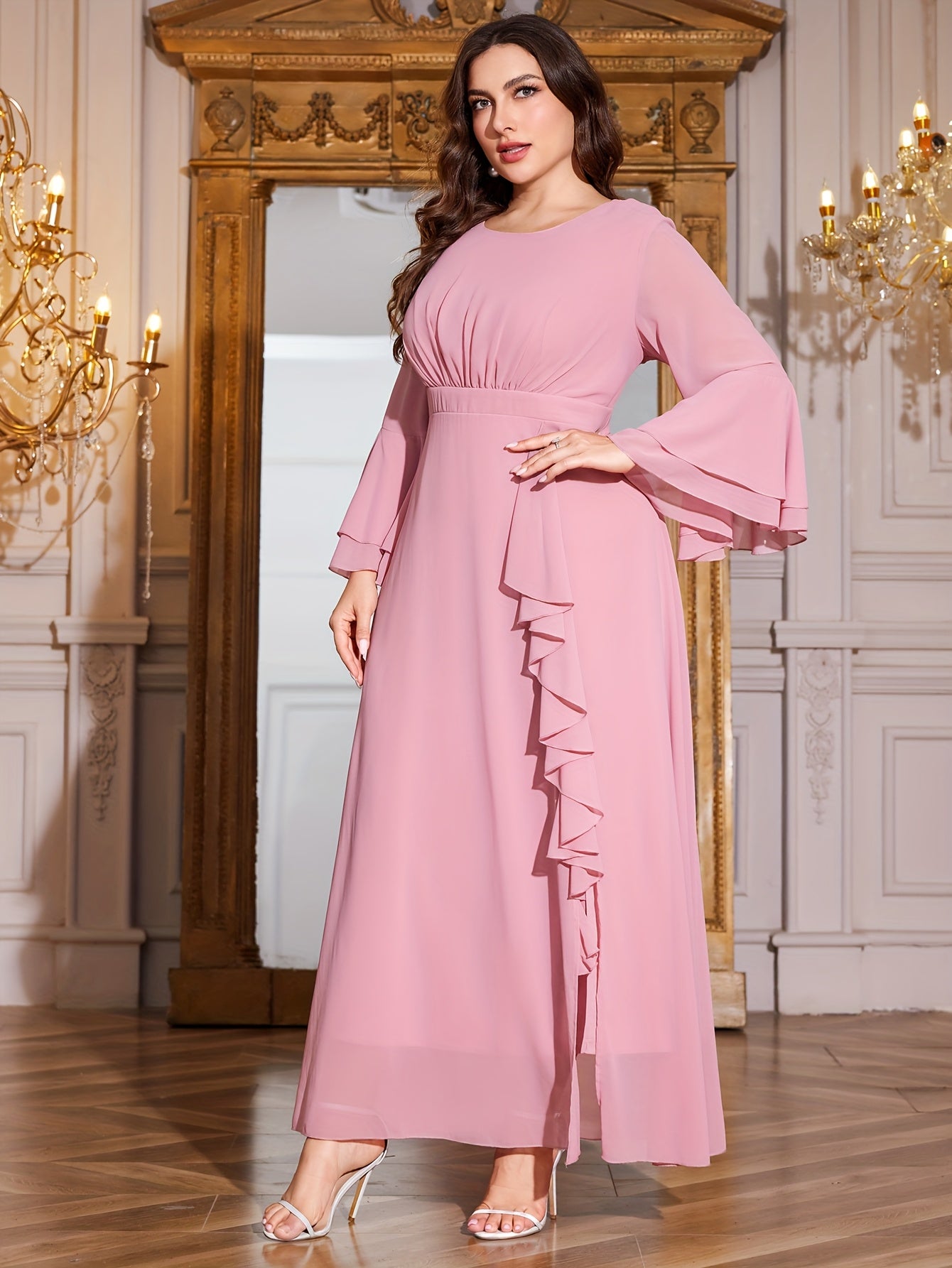 Plus Size Bridesmaid Dress Ruched Waist Ruffle Crew Neck Solid All-Season
