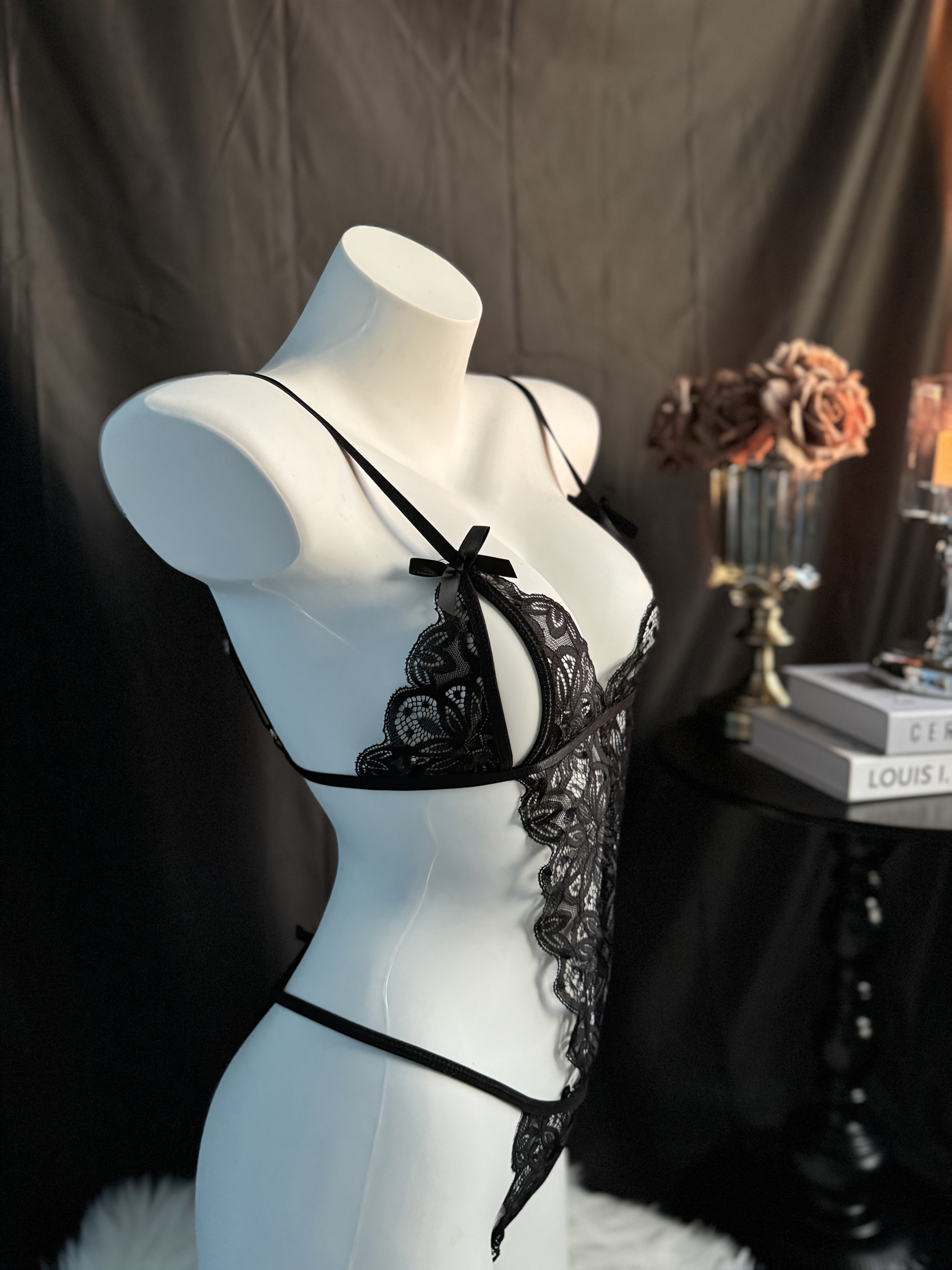 Women's Lace Bodysuit with Bow Detail and Metal Back Clasp Light Support Polyester Spandex Lingerie