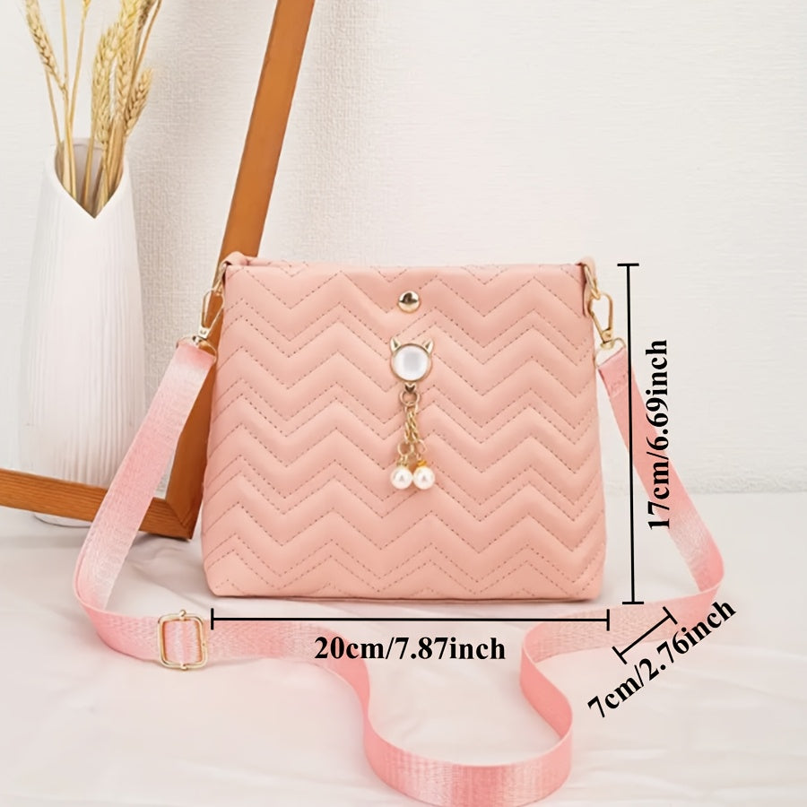 Women's Quilted Crossbody Bag with Chevron Pattern Pearl Pendant and Gold Accents in Multiple Colors