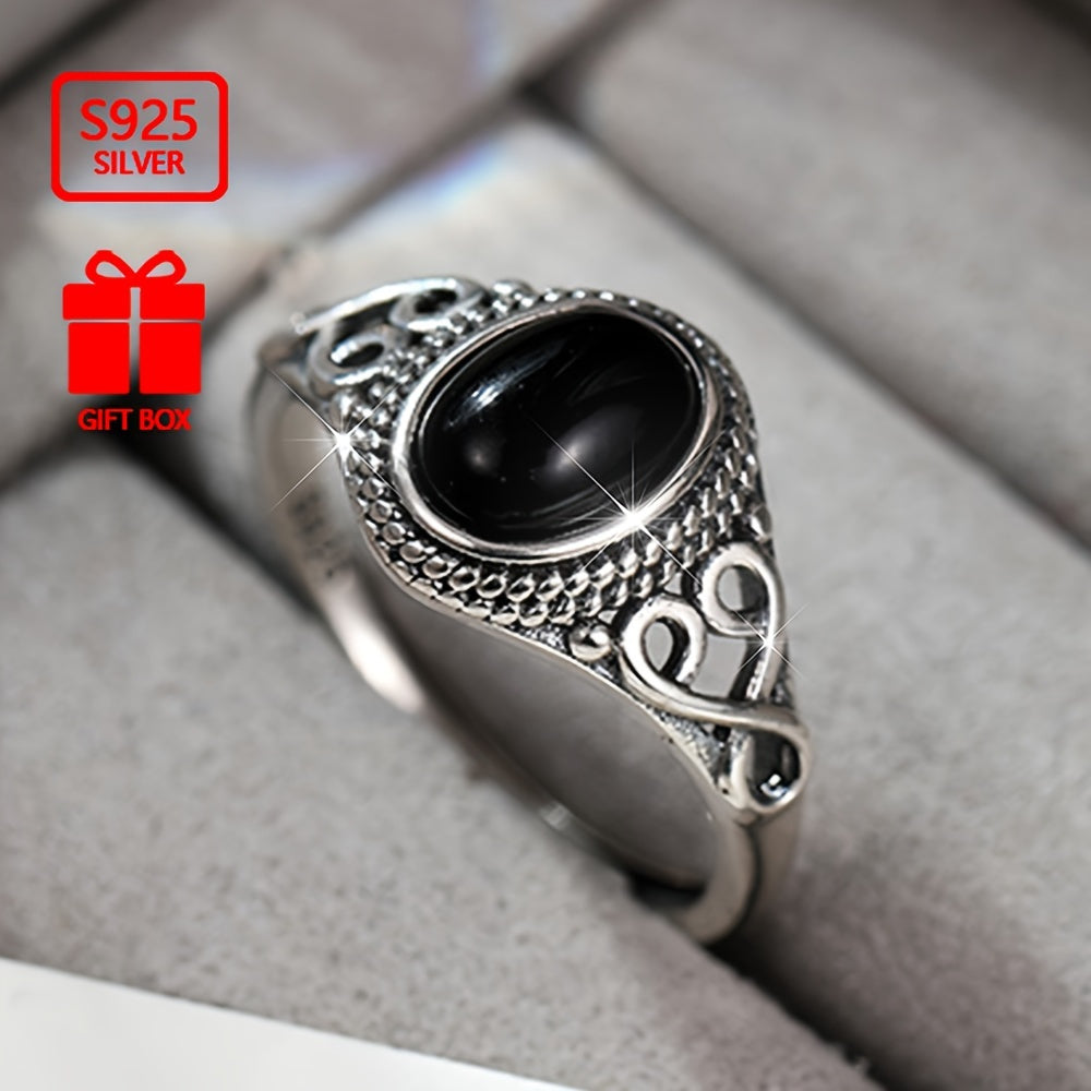 Anillo de ágata negra para hombres y mujeres, ajustable, plata de ley, estilo vintage