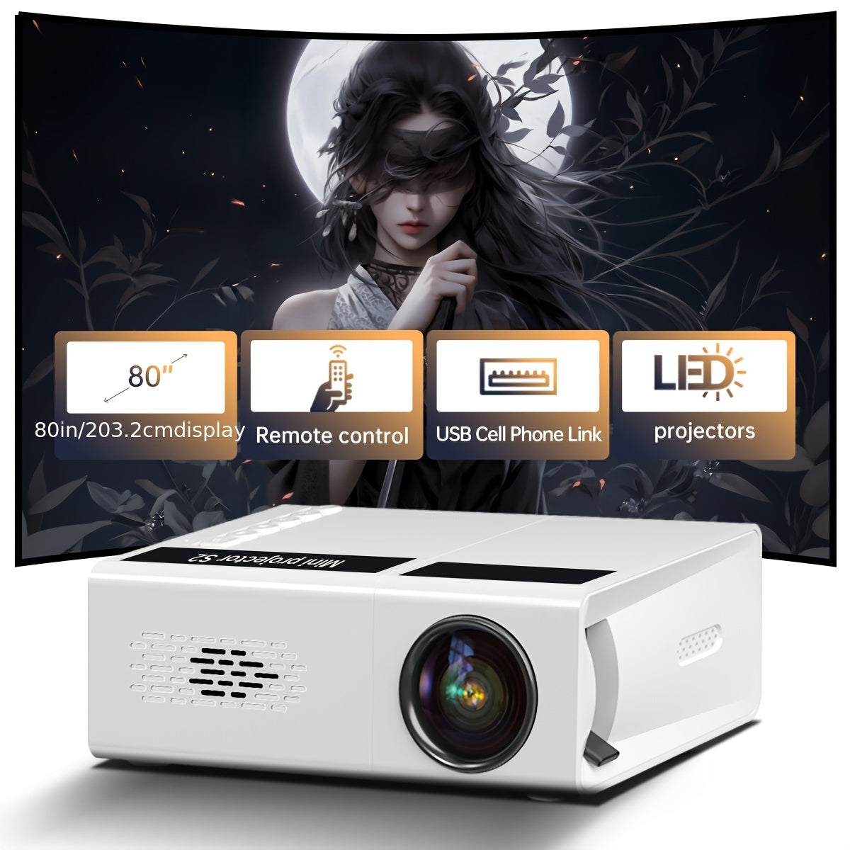 Mini White Portable Projector 1080P Full HD Support for Movies and Gaming