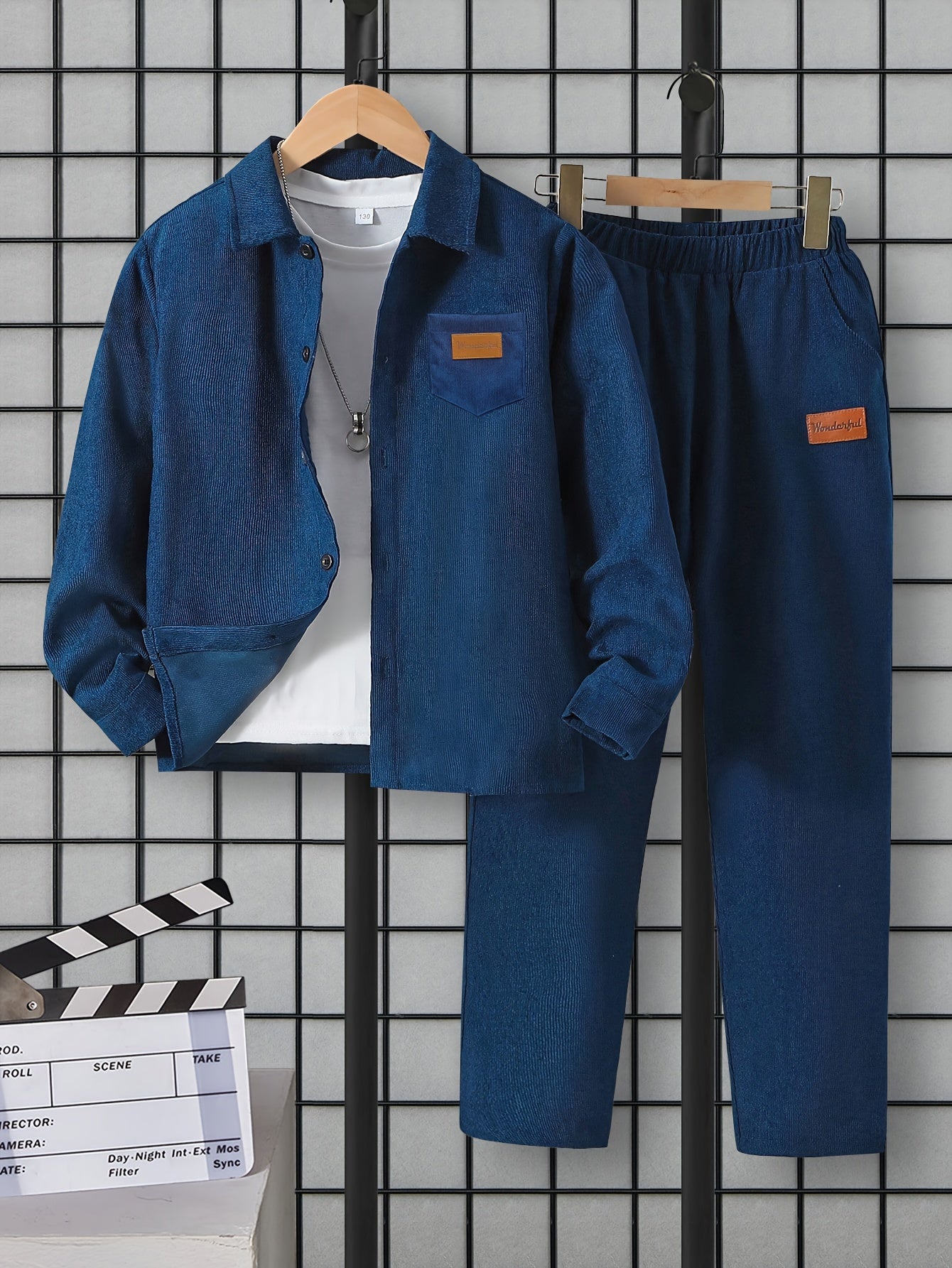 Boys' Denim Outfit Set with Long Sleeve Jacket and Elastic Waist Pants for Spring Fall