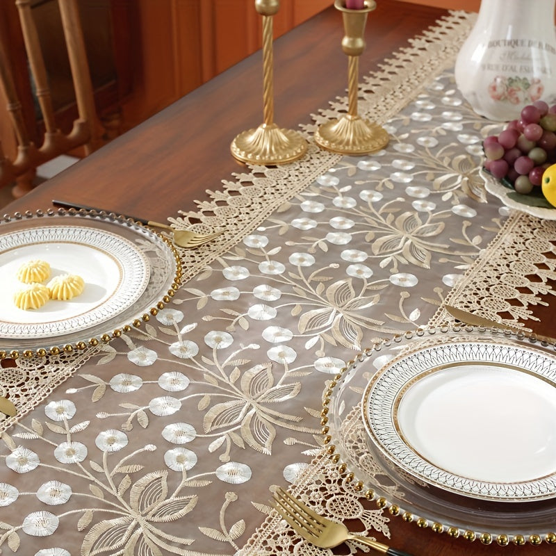 White Embroidered Organza Table Runner for Holiday Wedding Dining Decor