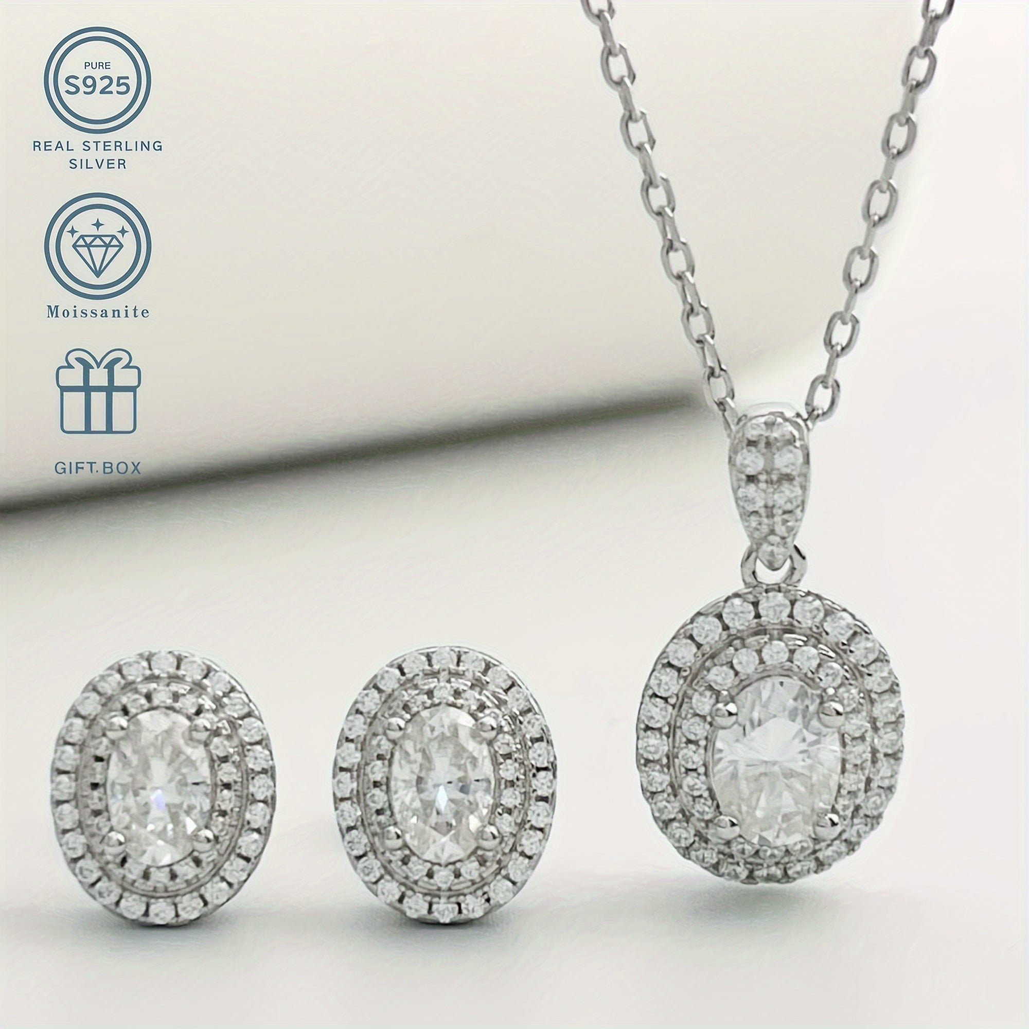 Sterling Silver Moissanite Jewelry Set with Egg-Shaped Pendant and Earrings for Wedding and Daily Wear