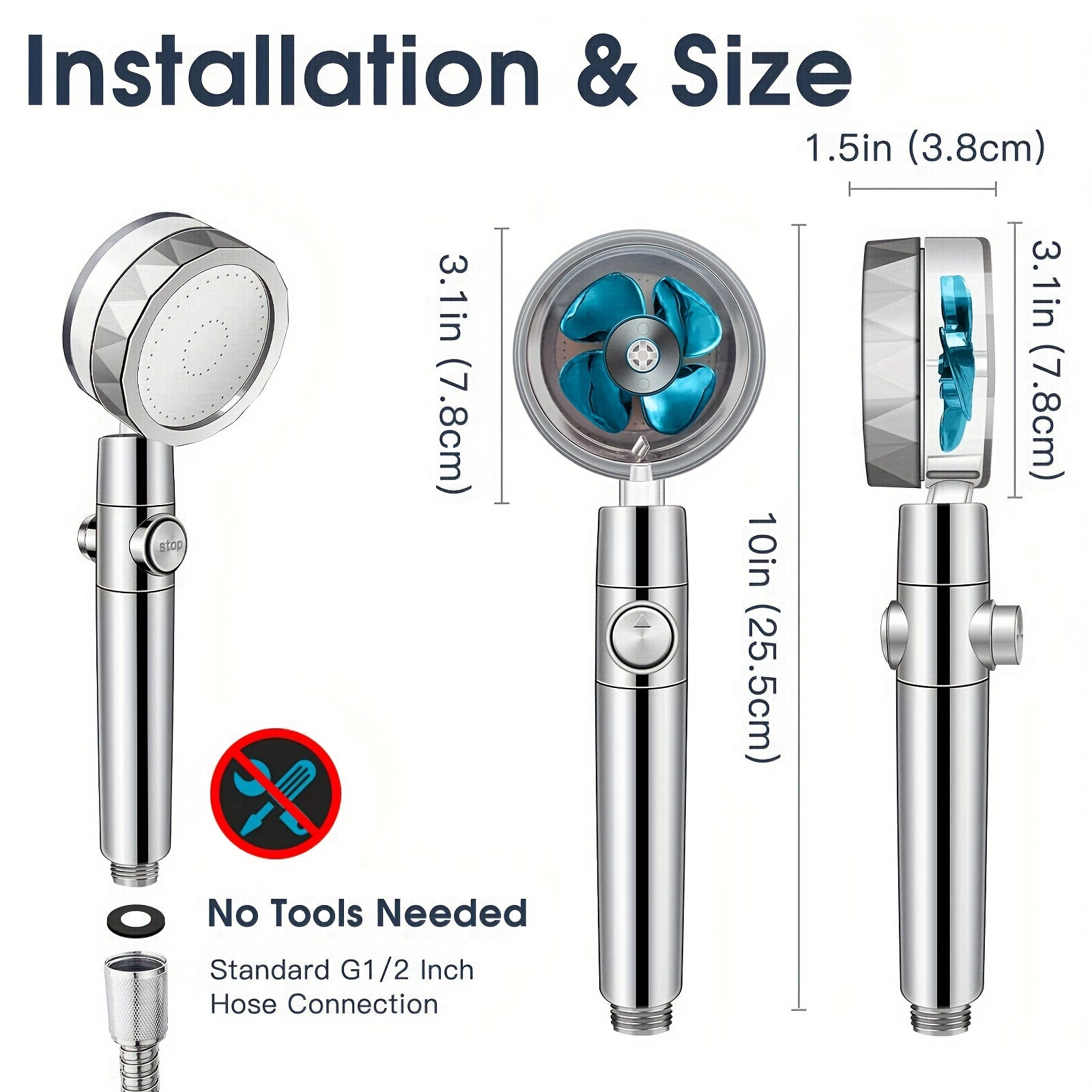 High Pressure Turbo Shower Head with Water Saving Filter for Bathroom and RV