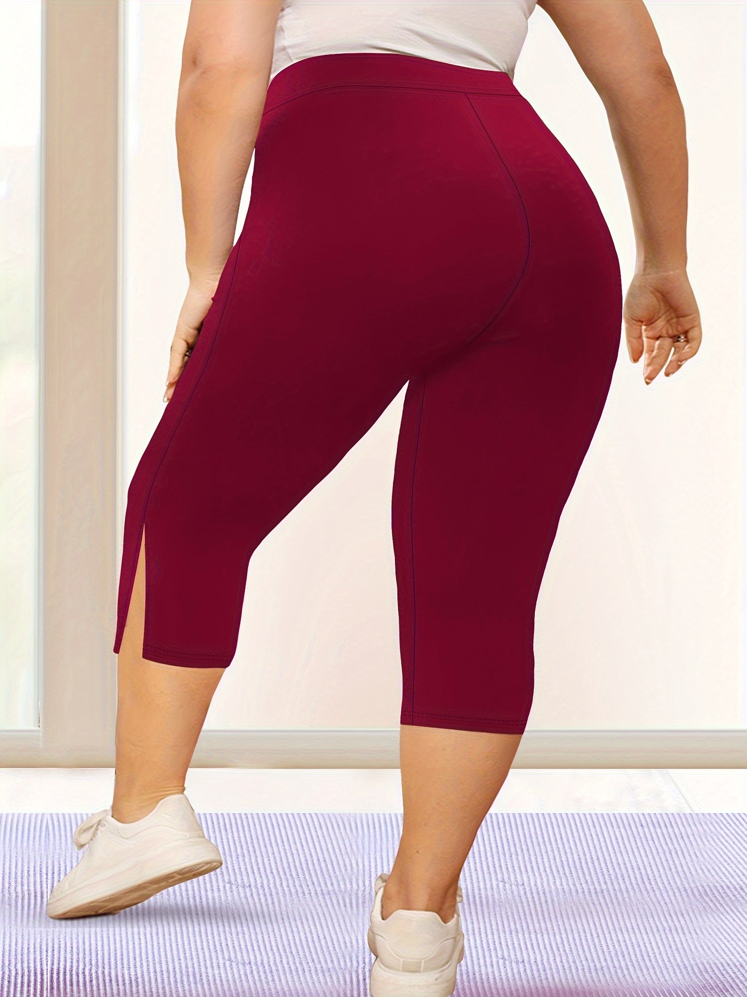 Plus Size High-Waist Knee Leggings with Side Slit Stretchy Polyester Blend