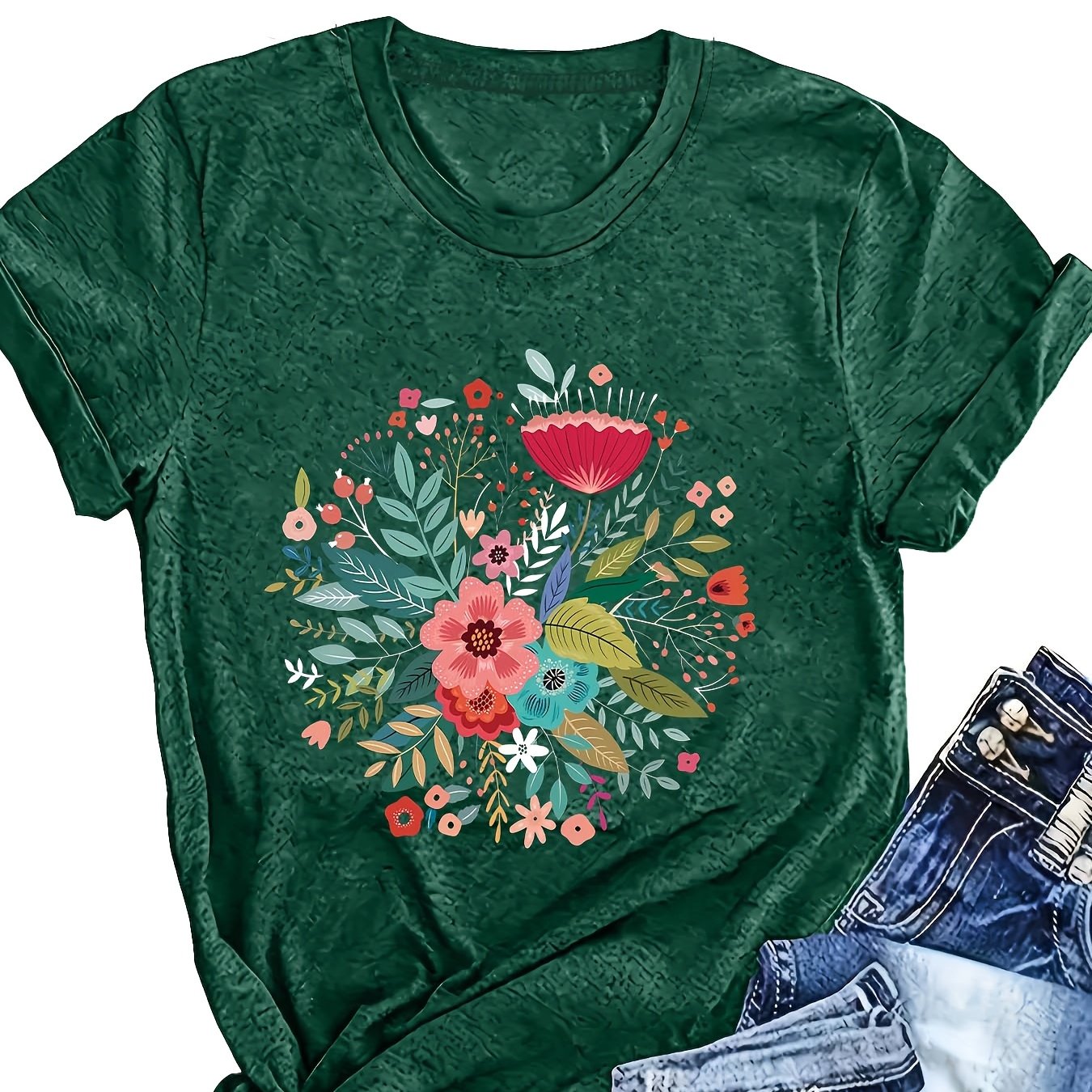 Women's Short Sleeve T-Shirt Relaxed Fit Geometric Floral Summer Top Breathable Fabric