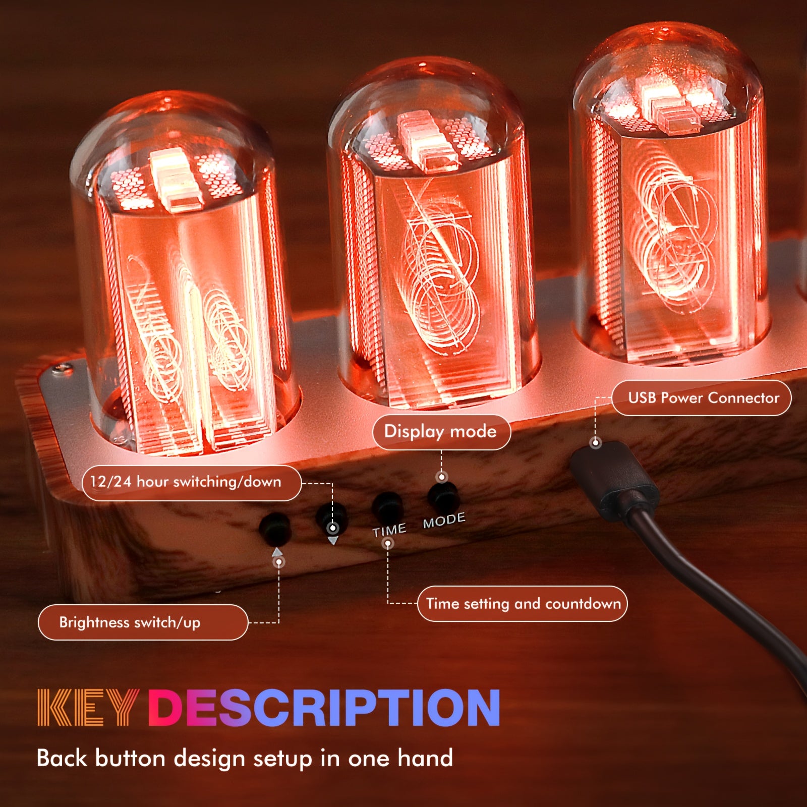 Digital Nixie Tube Clock with Wi-Fi Calibration Alarm and RGB Display in Walnut Finish